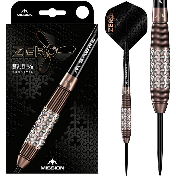 97.5% tungsten steel tip darts full view with textured grip barrel, bronze accents, one dart shown in retail packaging