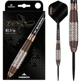 97.5% tungsten steel tip darts full view with textured grip barrel, bronze accents, one dart shown in retail packaging