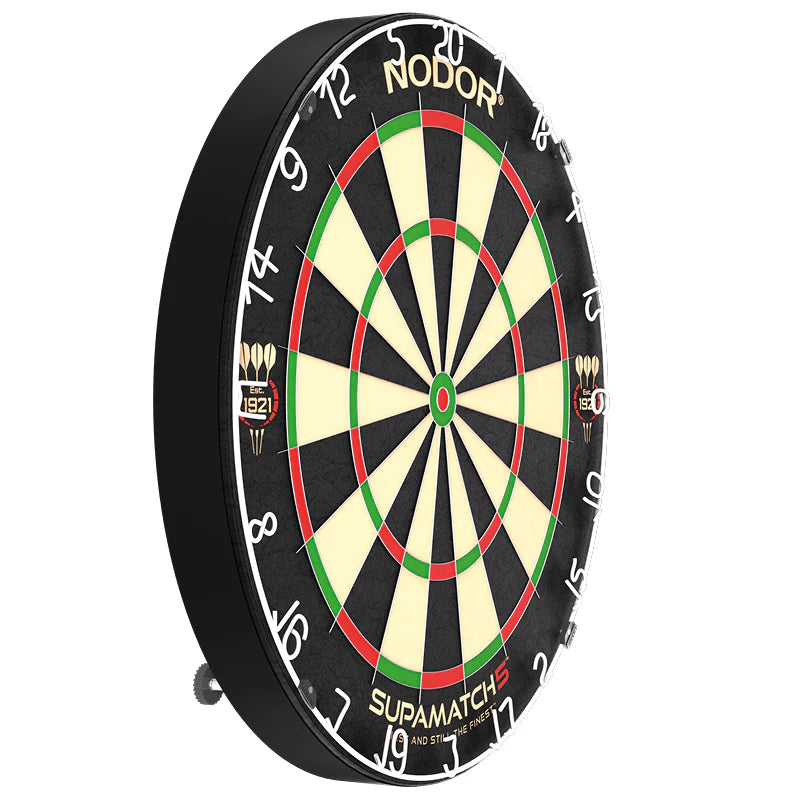 Angled dartboard view showing thin wiring, vibrant scoring zones, and clear numbers, isolated on white for dart equipment buyers
