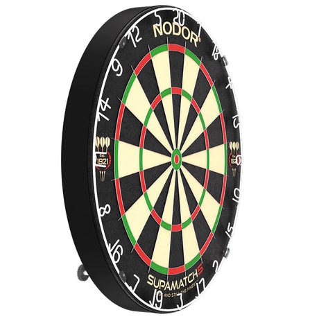 Angled dartboard view showing thin wiring, vibrant scoring zones, and clear numbers, isolated on white for dart equipment buyers