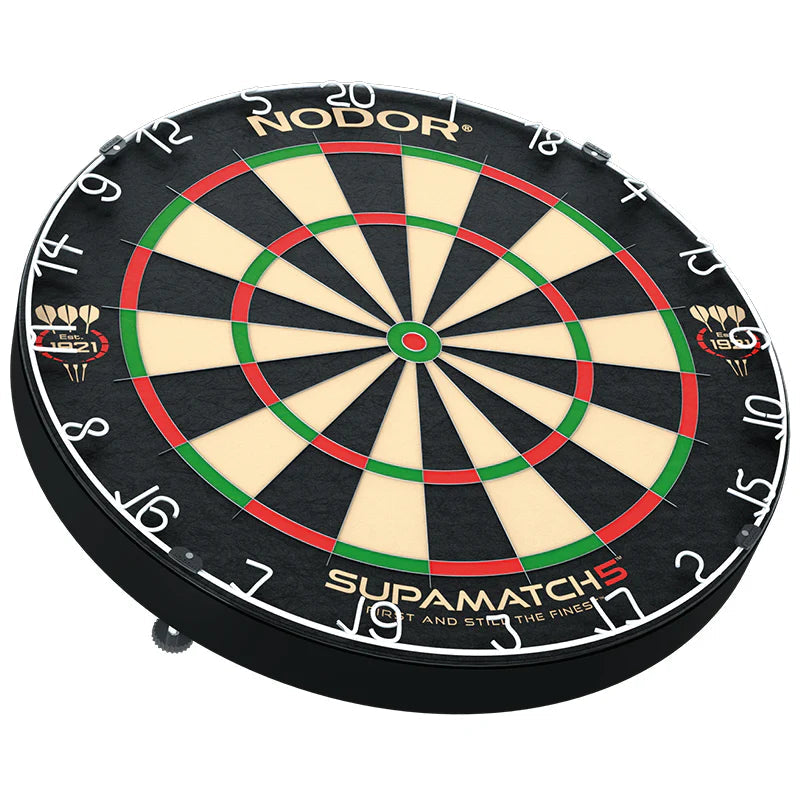 Angled view dartboard isolated on white, thin wiring and clear scoring zones, ideal for professional steel tip darts