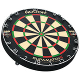 Angled view dartboard isolated on white, thin wiring and clear scoring zones, ideal for professional steel tip darts