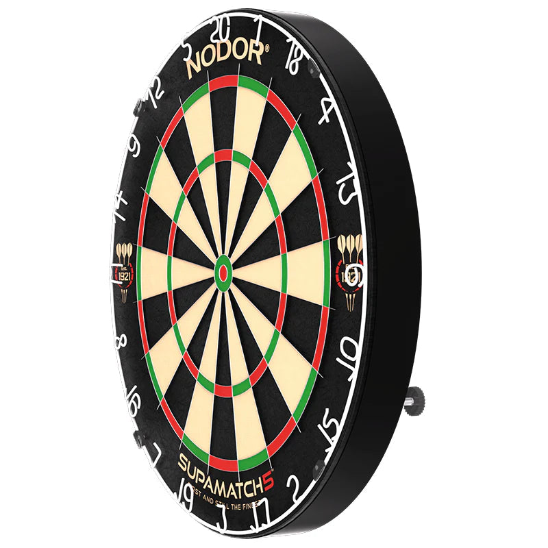 angled view dartboard on white background showing ultra-slim wiring, bristle surface, and clear scoring segments