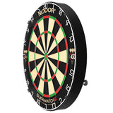 angled view dartboard on white background showing ultra-slim wiring, bristle surface, and clear scoring segments