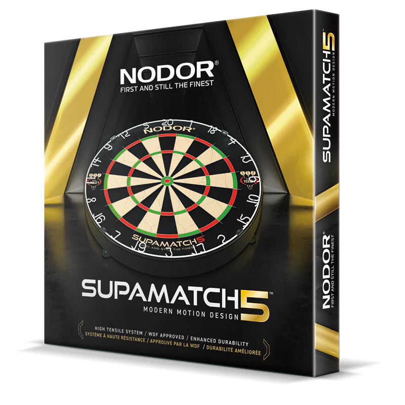 Supamatch 5 dartboard in premium angled retail packaging showing thin wiring system and clear segment layout