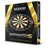 Supamatch 5 dartboard in premium angled retail packaging showing thin wiring system and clear segment layout