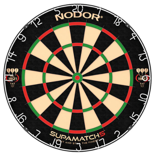 Regulation-size dartboard full view on white background highlighting thin wiring, dual-color scoring zones, and staple-free bullseye