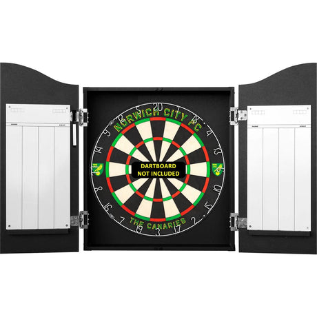 Open dartboard cabinet with dual scoreboards and Norwich City FC themed backing, dartboard not included, shown front-on.