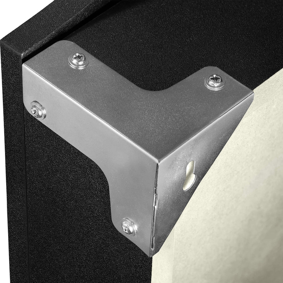 Close-up showing reinforced metal corner bracket with screws on dartboard cabinet, highlighting sturdy dart equipment construction