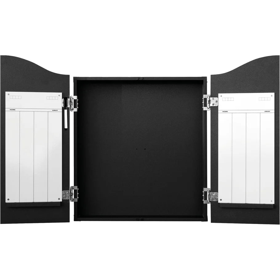 Open dartboard cabinet fully displayed with dual white scoreboards and chrome hinges, ideal for darts scoring setup