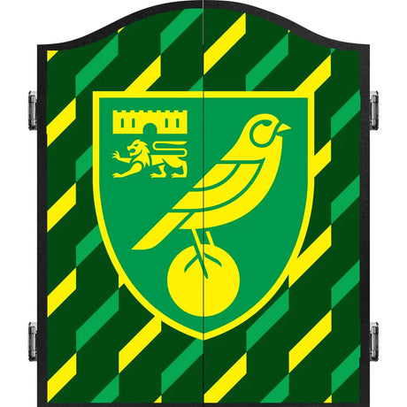 Front view of closed dartboard cabinet with Norwich City FC crest and green yellow stripes, premium hinges visible, isolated on white