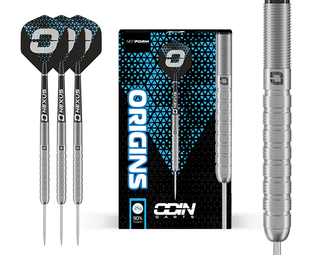 Three 90% tungsten darts with knurled grip shown alongside retail packaging and detailed barrel close-up