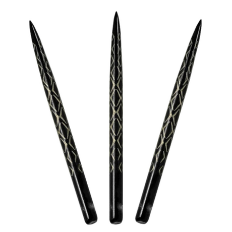 Three black Aztec dart points isolated on white background with engraved grip pattern for steel tip darts