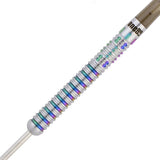 Close-up of Chameleon Allira 90% tungsten dart barrel showing detailed grip texture and rainbow metallic finish on white