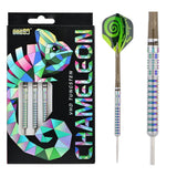 Chameleon Allira 90% tungsten darts set in colorful retail packaging with one assembled dart showing rainbow grooves and spiral flight