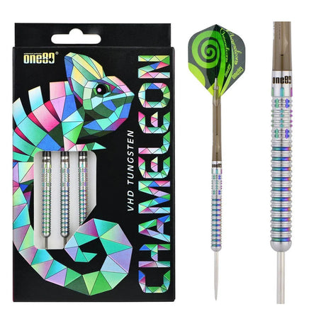 Chameleon Allira 90% tungsten darts set in colorful retail packaging with one assembled dart showing rainbow grooves and spiral flight