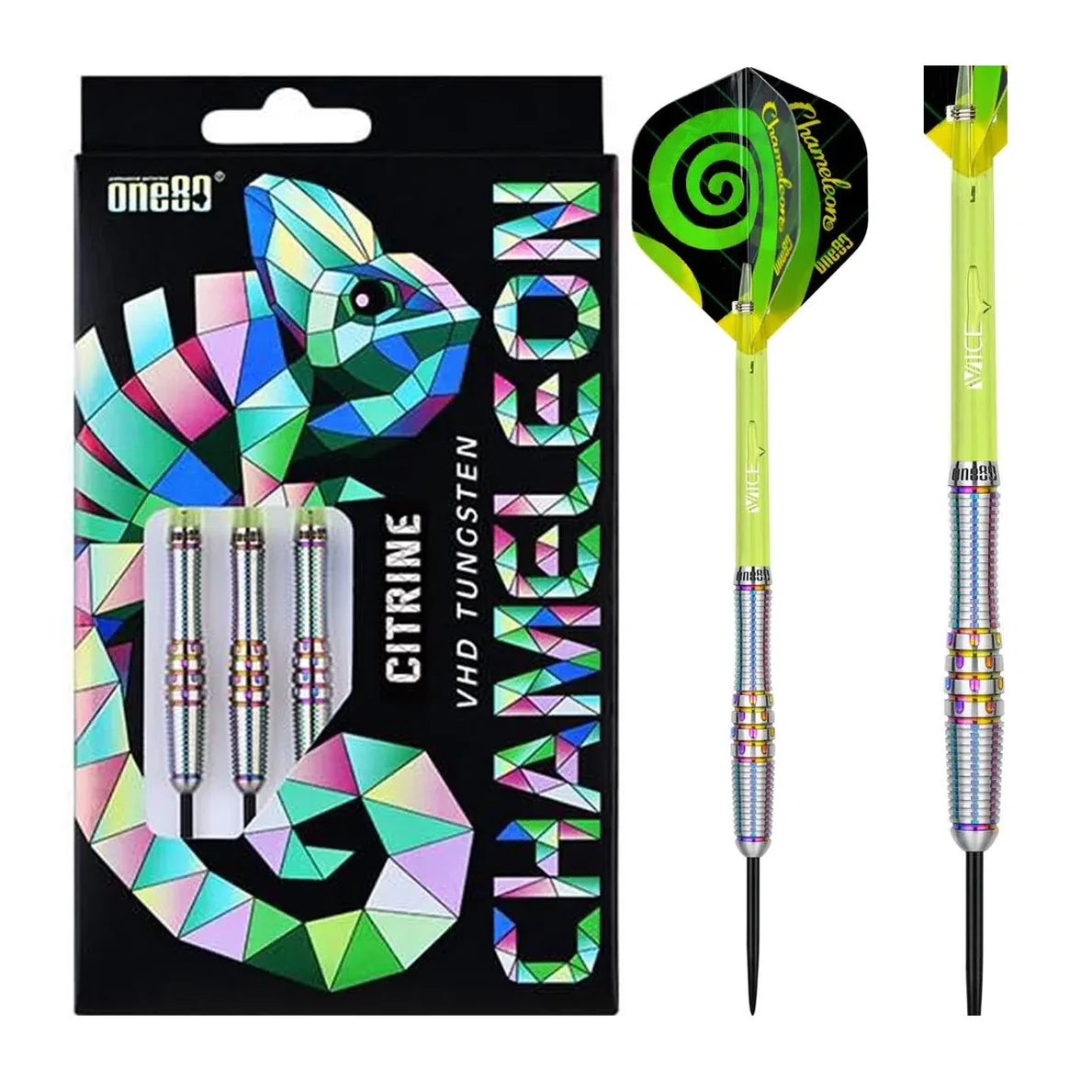 Chameleon Citrine tungsten darts in retail box with three darts, plus two assembled darts showing ringed rainbow barrels and green spiral flights