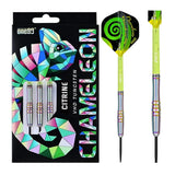 Chameleon Citrine tungsten darts in retail box with three darts, plus two assembled darts showing ringed rainbow barrels and green spiral flights