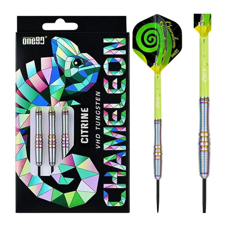 Chameleon Citrine tungsten darts in retail box with three darts, plus two assembled darts showing ringed rainbow barrels and green spiral flights