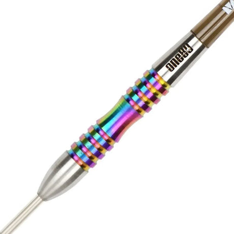 Close-up of Chameleon Coral dart barrel showing rainbow grip rings and 90% tungsten precision design on white background