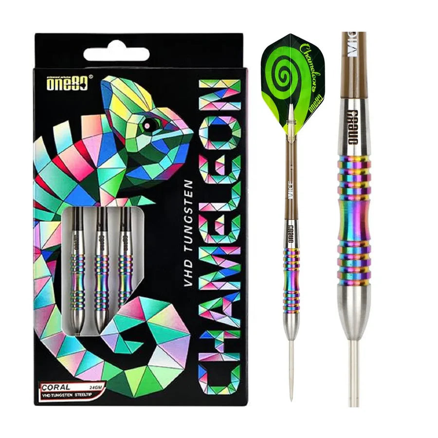 Steel tip tungsten darts set with vibrant chameleon pattern, retail box and single dart shown, focus on colorful grip and spiral flight