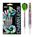 Steel tip tungsten darts set with vibrant chameleon pattern, retail box and single dart shown, focus on colorful grip and spiral flight