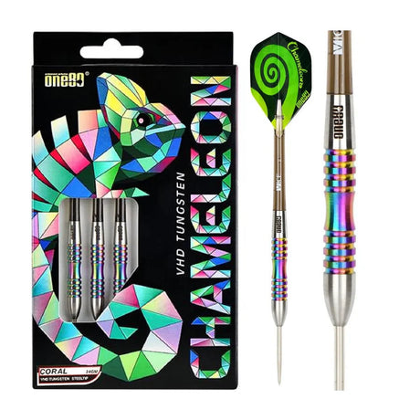 Steel tip tungsten darts set with vibrant chameleon pattern, retail box and single dart shown, focus on colorful grip and spiral flight