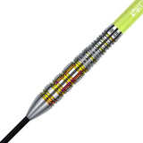 Close-up of tungsten dart barrel with rainbow grooves, precision grip rings, and emerald shaft, isolated on white for dart equipment buyers