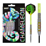 Full view of 90% tungsten darts in chameleon-themed box with one dart isolated to show grip rings, colorful barrel, and spiral flight