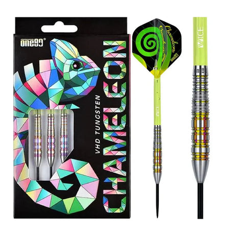 Full view of 90% tungsten darts in chameleon-themed box with one dart isolated to show grip rings, colorful barrel, and spiral flight