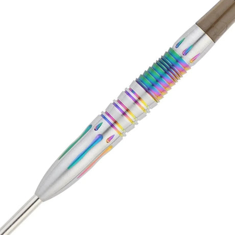 Macro close-up of 90% tungsten dart barrel with rainbow grooves and precision grip, isolated on white for dart players