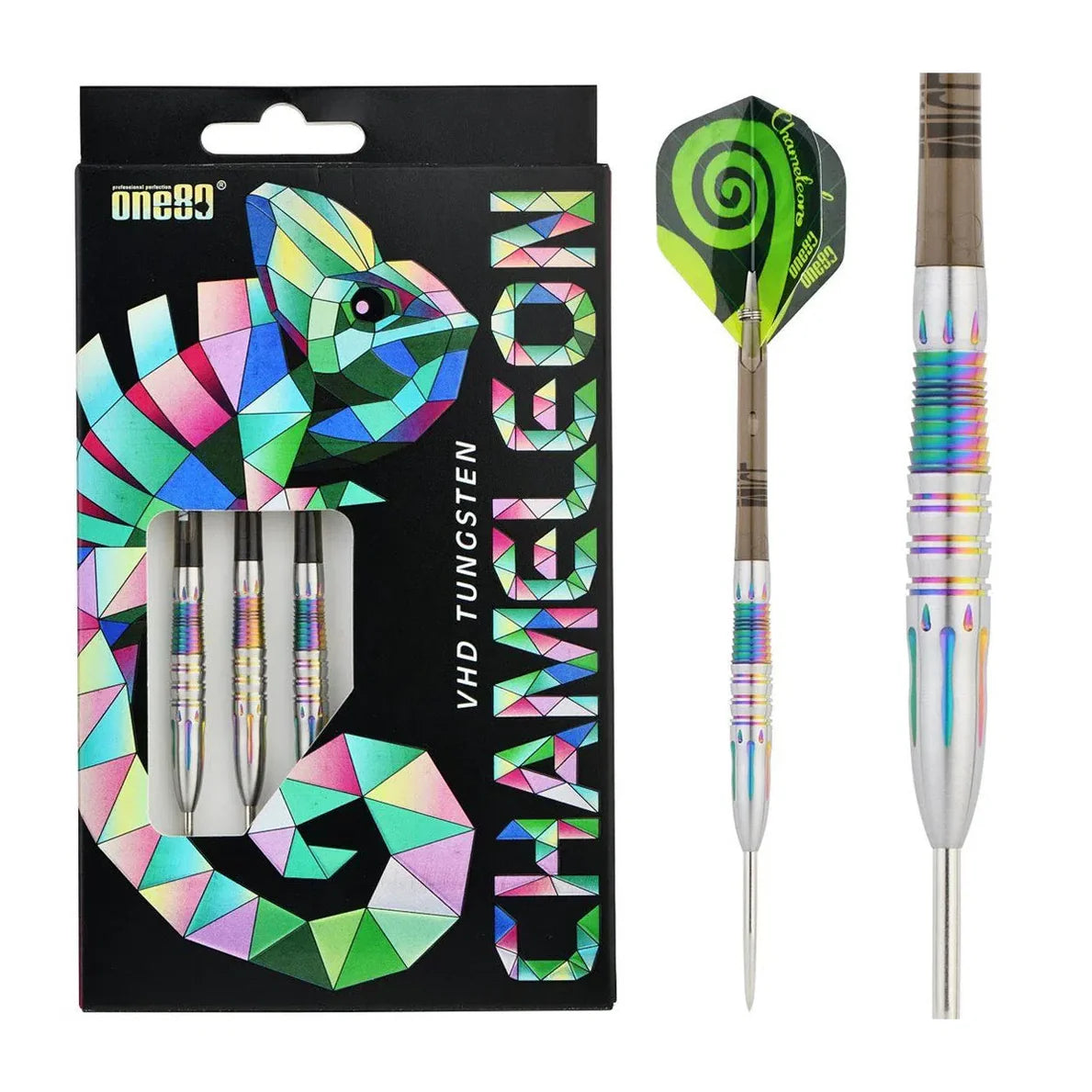 One80 Chameleon Furcifer 90% tungsten darts in retail packaging plus one assembled dart and close-up of rainbow grooved barrel on white