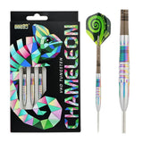 One80 Chameleon Furcifer 90% tungsten darts in retail packaging plus one assembled dart and close-up of rainbow grooved barrel on white