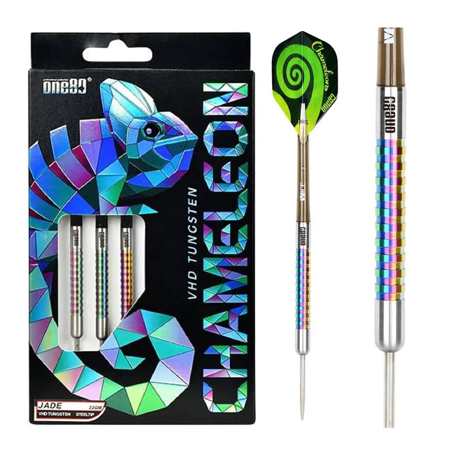 Full set of chameleon jade 90% tungsten darts in packaging, with isolated barrel grip detail and spiral pattern flight, steel tip visible