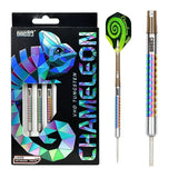 Full set of chameleon jade 90% tungsten darts in packaging, with isolated barrel grip detail and spiral pattern flight, steel tip visible