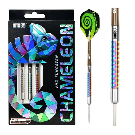 Full set of chameleon jade 90% tungsten darts in packaging, with isolated barrel grip detail and spiral pattern flight, steel tip visible