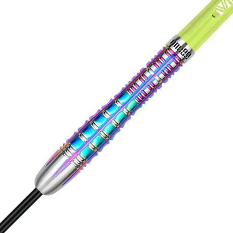 Close-up of Chameleon Sodalite dart barrel with rainbow metallic finish and detailed ringed grip, isolated on white