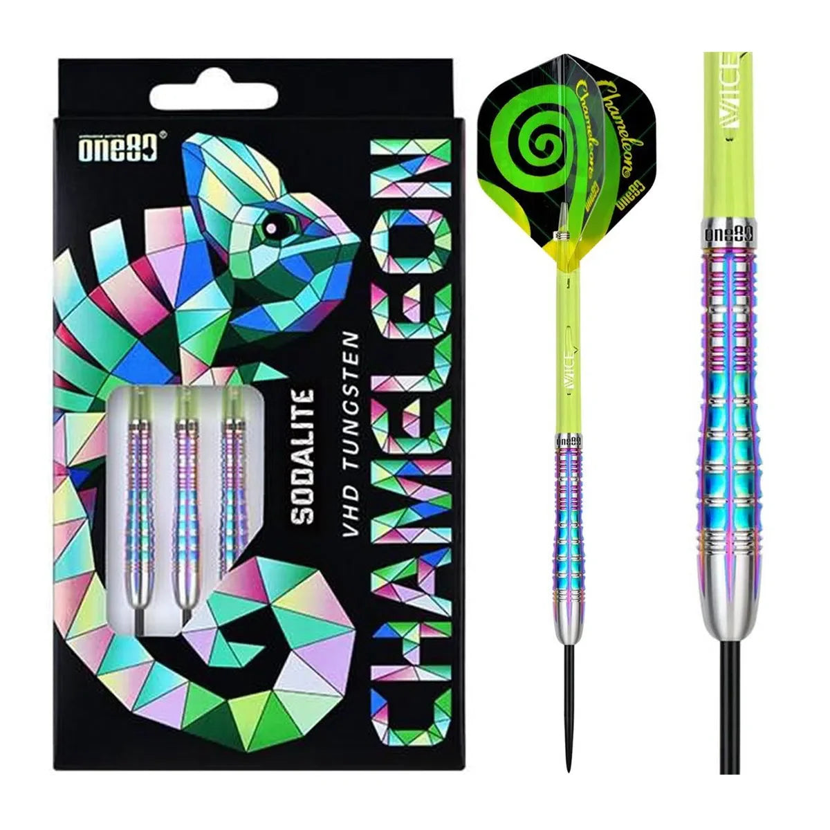 Full view of Sodalite tungsten darts in retail box plus close-up showing colorful ringed barrel grip and green spiral dart flight