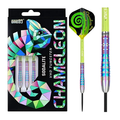 Full view of Sodalite tungsten darts in retail box plus close-up showing colorful ringed barrel grip and green spiral dart flight