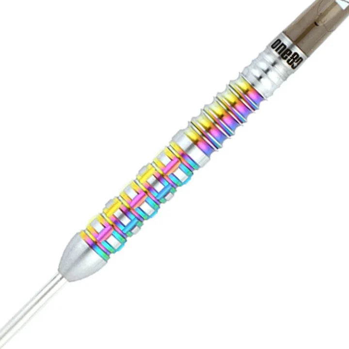 Close-up of tungsten dart barrel showing rainbow chameleon grip rings and knurling, isolated on white
