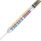 Close-up of tungsten dart barrel showing rainbow chameleon grip rings and knurling, isolated on white