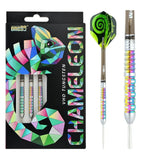 Chameleon zircon tungsten darts full product view in colorful retail box plus angled close-up showing iridescent grip and barrel design