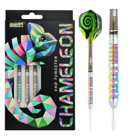 Chameleon zircon tungsten darts full product view in colorful retail box plus angled close-up showing iridescent grip and barrel design