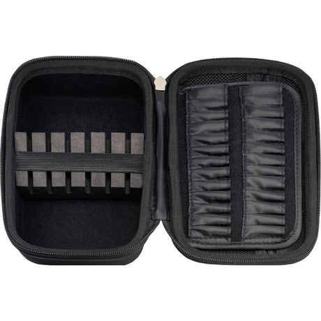 Inside the case: foam slots for two sets of fully assembled darts and elasticated loops for shafts, flights and points