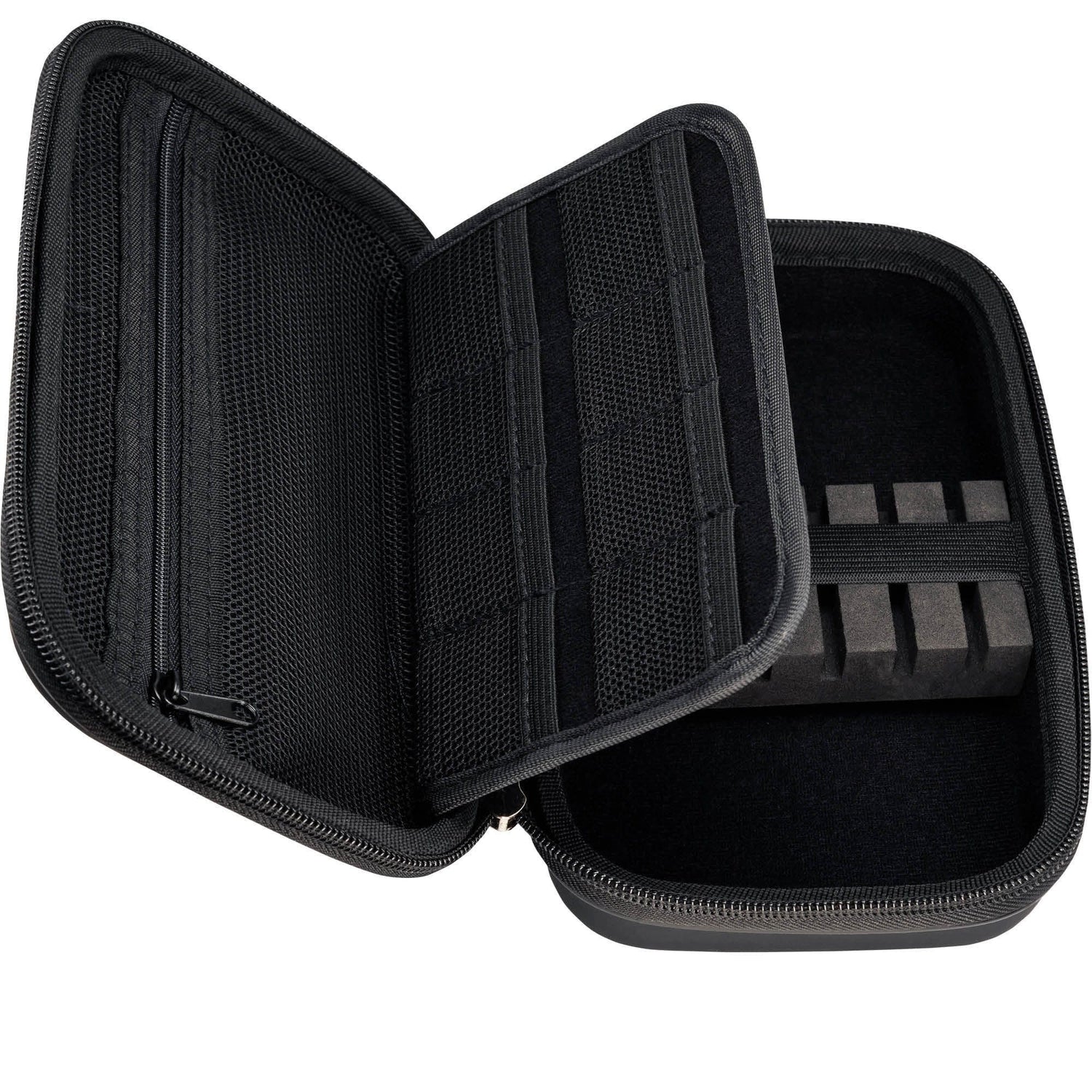 The case open at an angle showing the zipped mesh pocket and clamshell construction