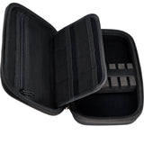 The case open at an angle showing the zipped mesh pocket and clamshell construction