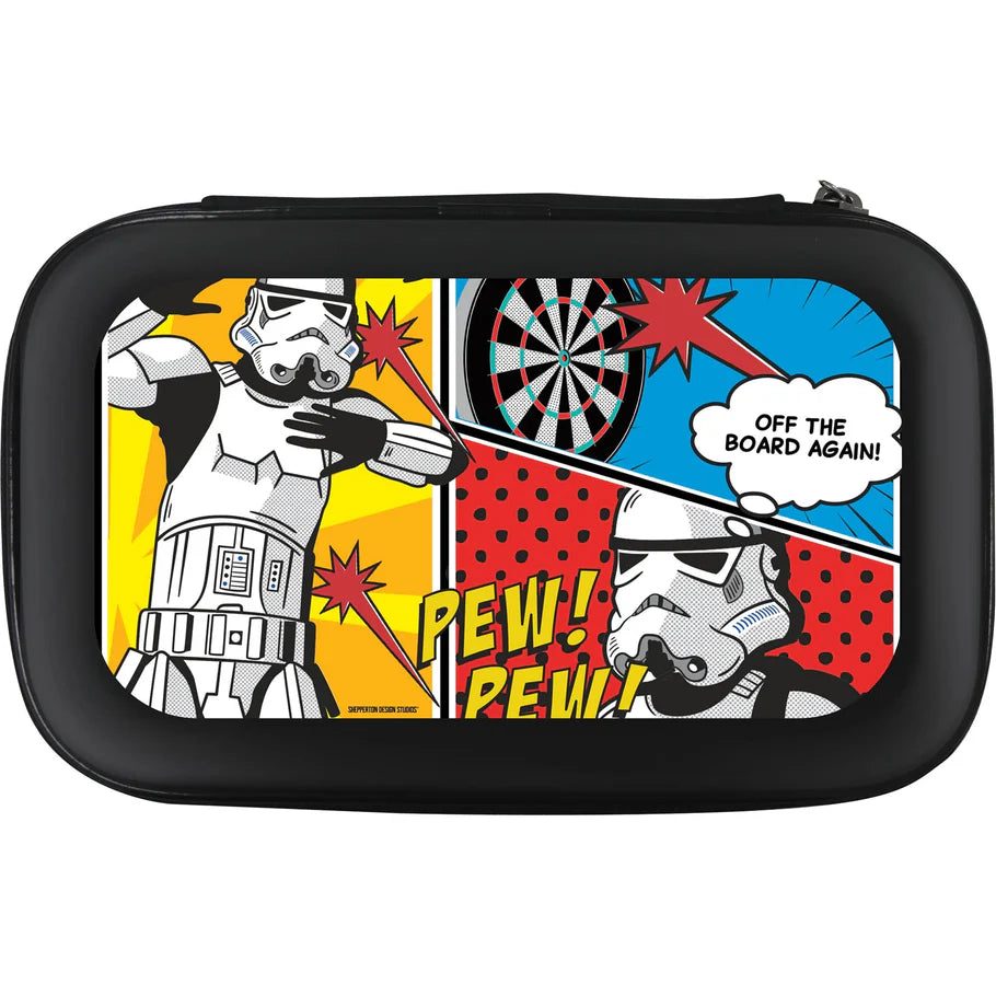 Full view dart case featuring Stormtrooper comic art, dartboard and speech bubble, isolated on white background