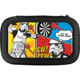 Full view dart case featuring Stormtrooper comic art, dartboard and speech bubble, isolated on white background