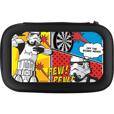 Full view dart case featuring Stormtrooper comic art, dartboard and speech bubble, isolated on white background