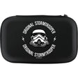 Full view black dart case with Stormtrooper helmet logo, zip closure, isolated on white, ideal for storing and protecting darts